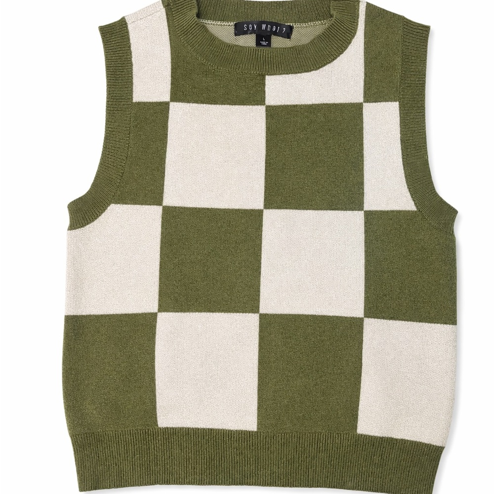 Say What? Olive and Cream Checkered Sweater Vest